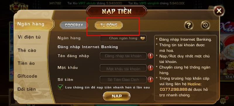Các bước thực hiện nạp tiền Iwin